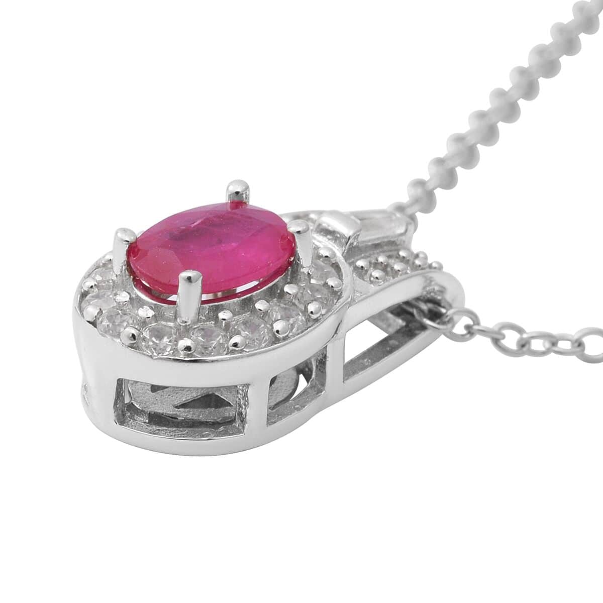 Premium Mozambique Ruby and Natural White Zircon Pendant Necklace 18 Inches in Platinum Over Sterling Silver 1.10 ctw image number 2