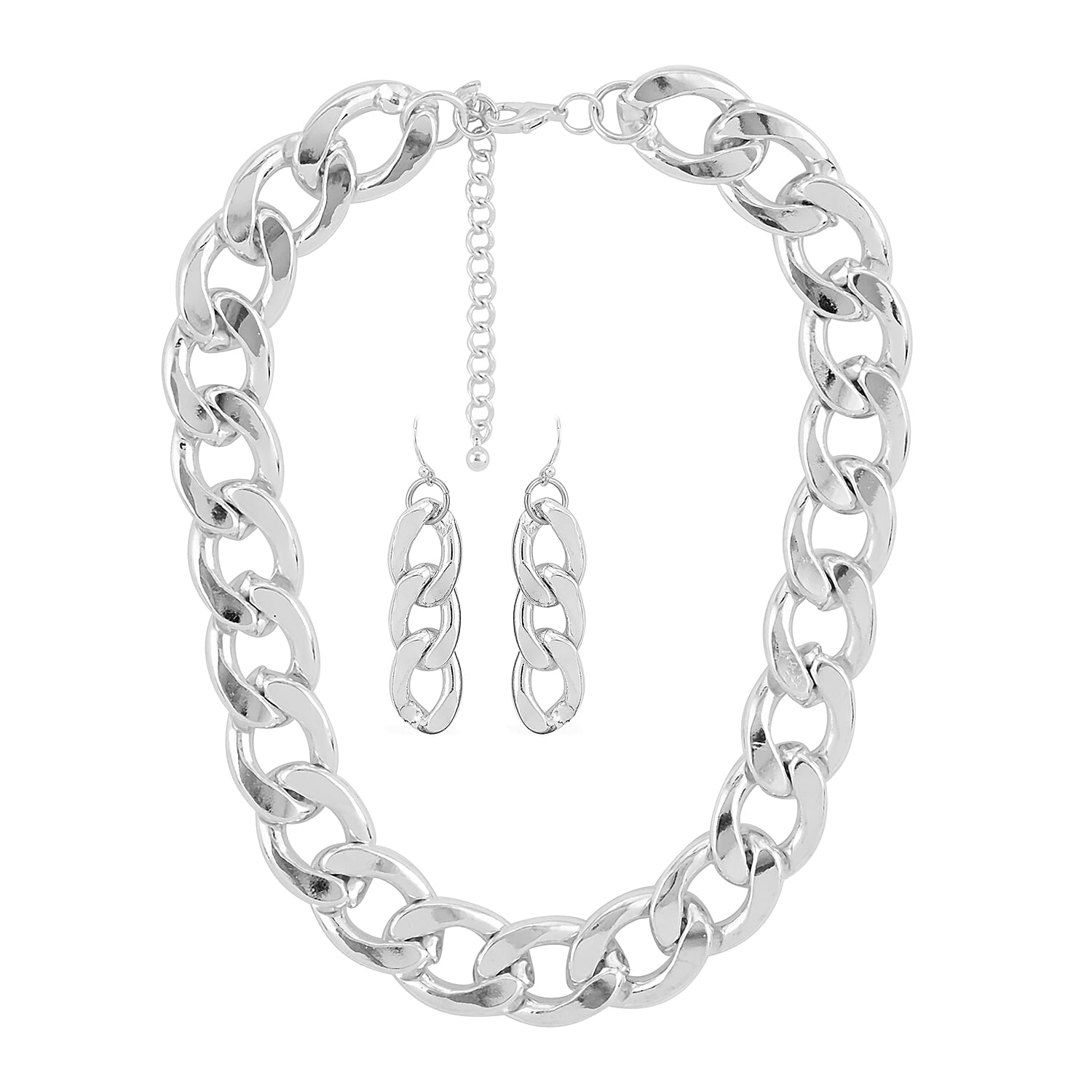 Andante Jumbo Curb Necklace 18 Inches and Dangle Chain Earrings in Silvertone