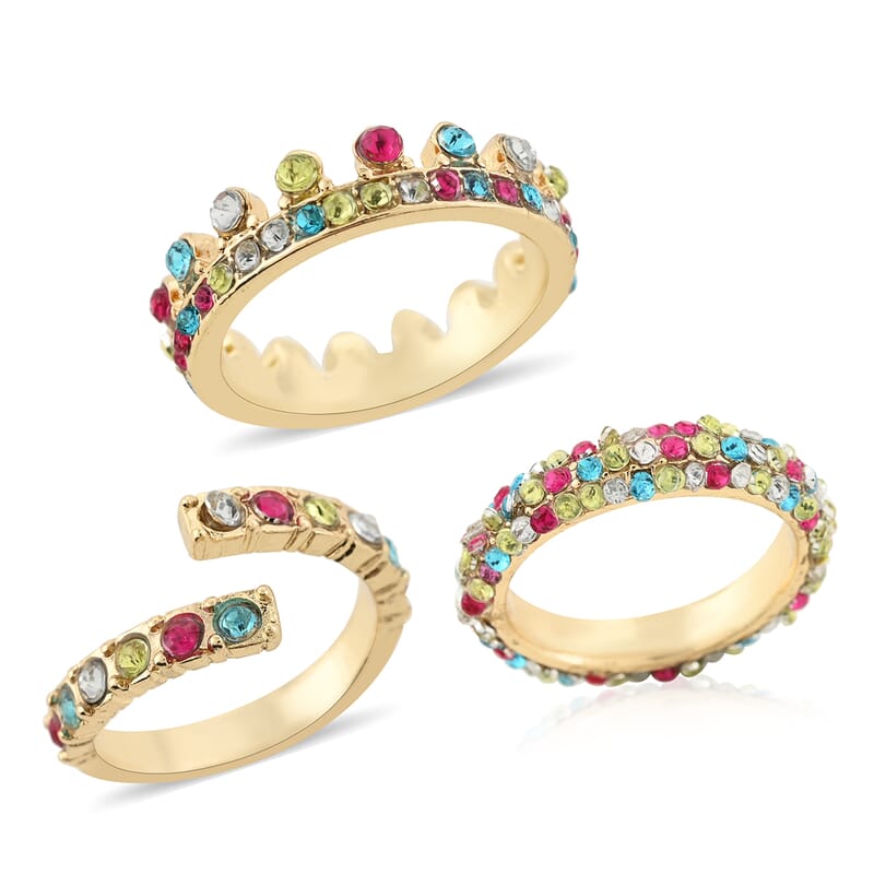 Andante Multi Color Austrian Crystal Set of 3 Multi Color Austrian Crystal Stackable Rings in Goldtone (Size 7.50)