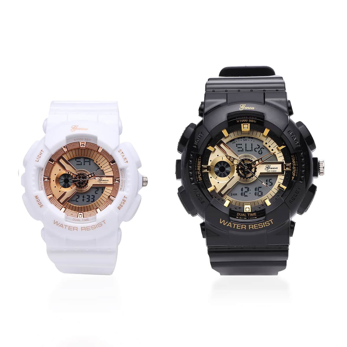 Set of 2 Genoa Japanese and Electronic Movement Multi Functional Golden Dial Watch in Black and rose Gold Dial White Silicone Strap (52 mm) image number 0