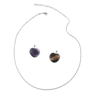 Tiger's Eye and Multi Fluorite 32.00 ctw Set of 2 Heart Pendant with Necklace 18 Inches in Stainless Steel