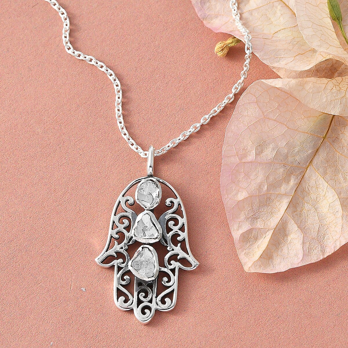Artisan Crafted Polki Diamond Hamsa Pendant Necklace 20 Inches in Sterling Silver 0.50 ctw image number 1