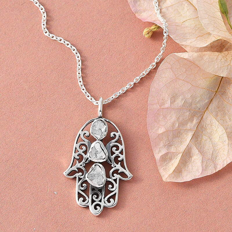 Artisan Crafted Polki Diamond Hamsa Pendant Necklace 20 Inches in Sterling Silver 0.50 ctw