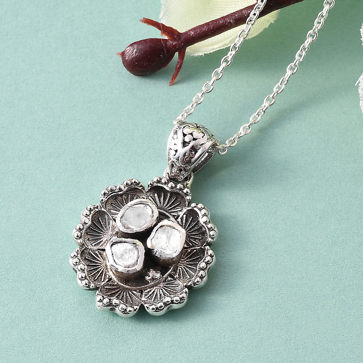 Polki Diamond Pendant Necklace 20 Inches in Platinum Over Sterling Silver 7.90 Grams 0.40 ctw image number 1