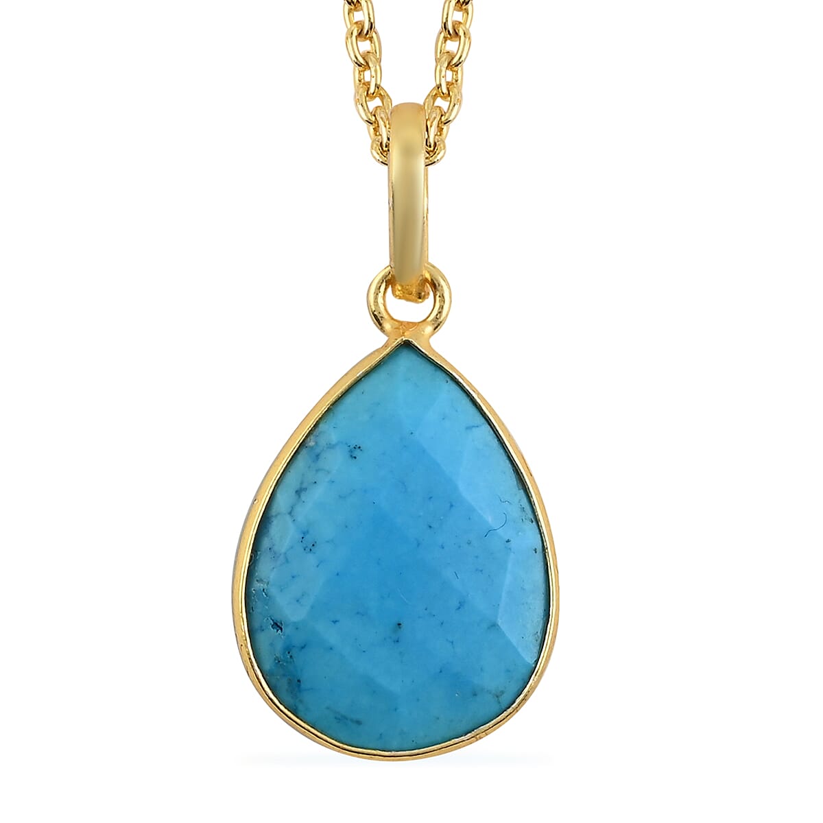 Reconstitute Turquoise Face Pear Pendant Necklace 18 Inches in Goldtone 10.00 ctw
