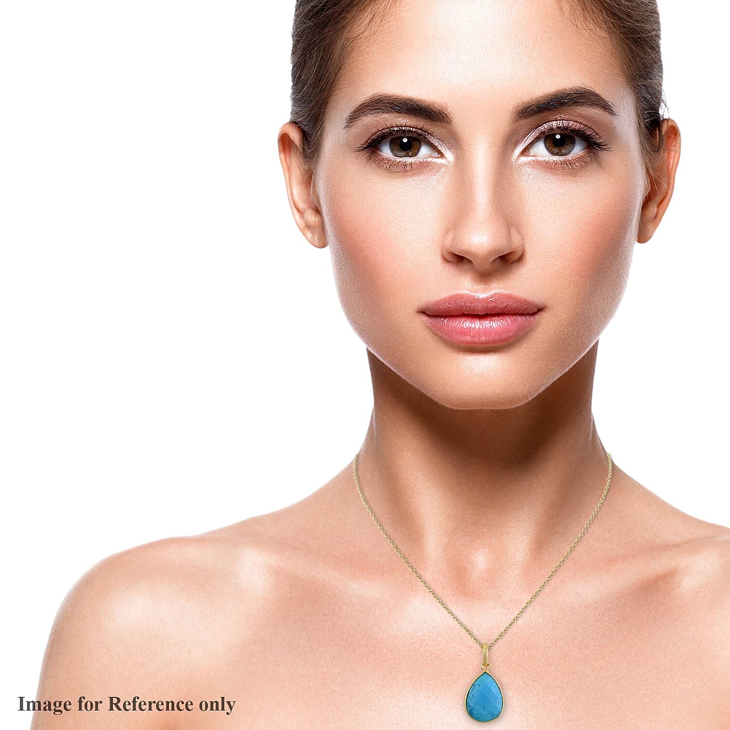 Reconstitute Turquoise Face Pear Pendant Necklace 18 Inches in Goldtone 10.00 ctw