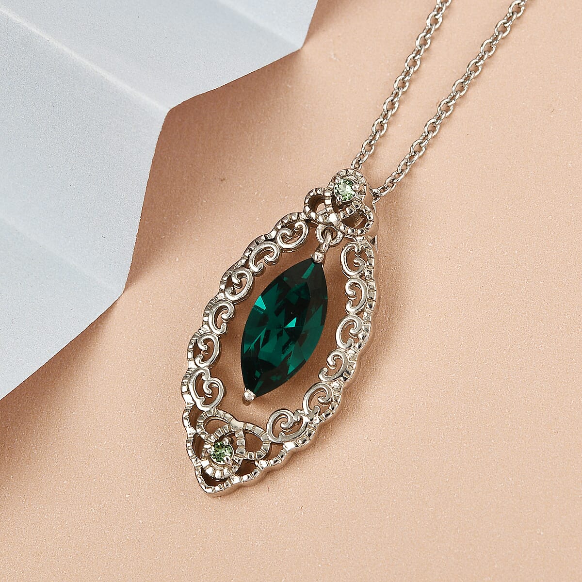 Karis Emerald Crystal Pendant Necklace 20 Inches in Platinum Bond and Stainless Steel 3.25 ctw image number 1