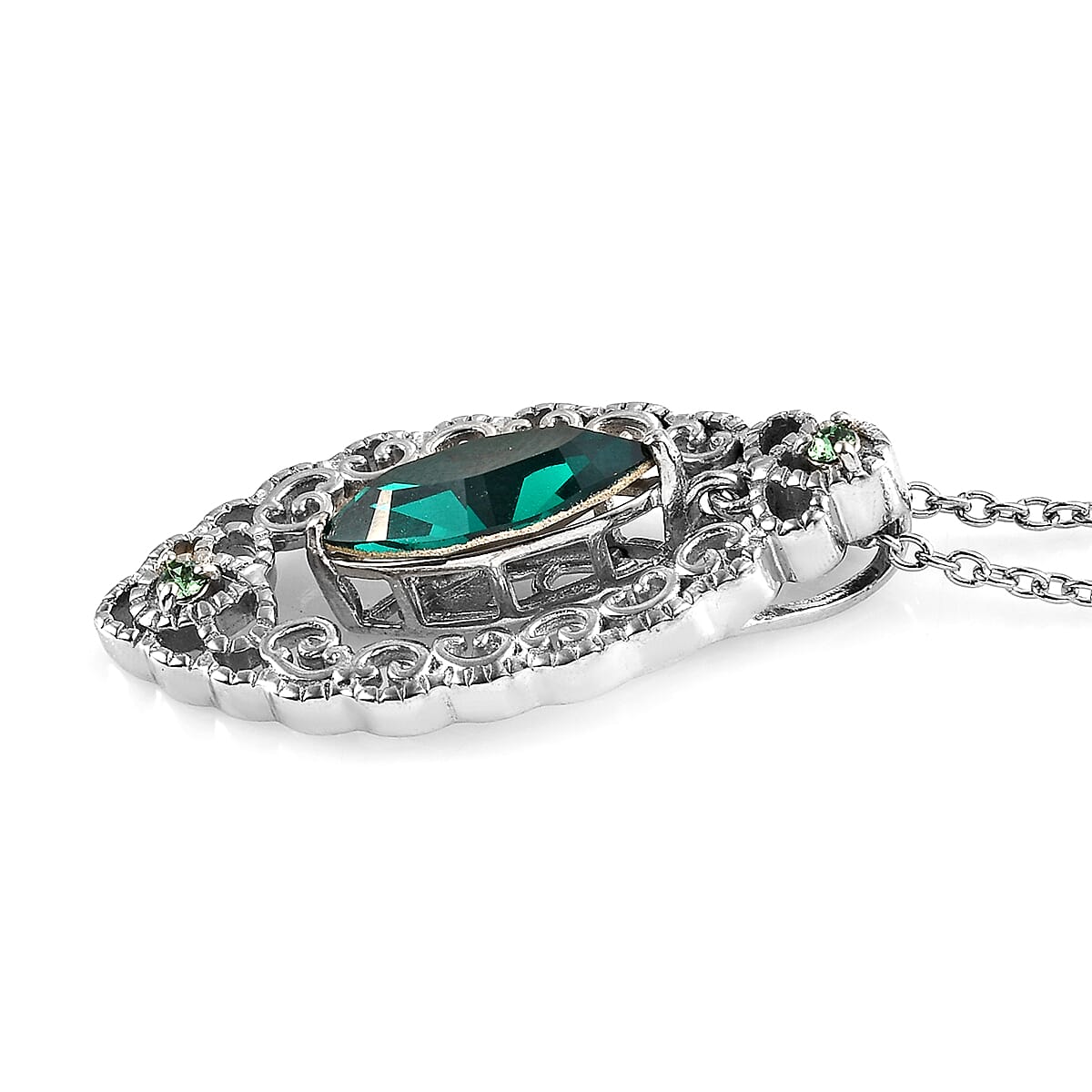 Karis Emerald Crystal Pendant Necklace 20 Inches in Platinum Bond and Stainless Steel 3.25 ctw image number 3