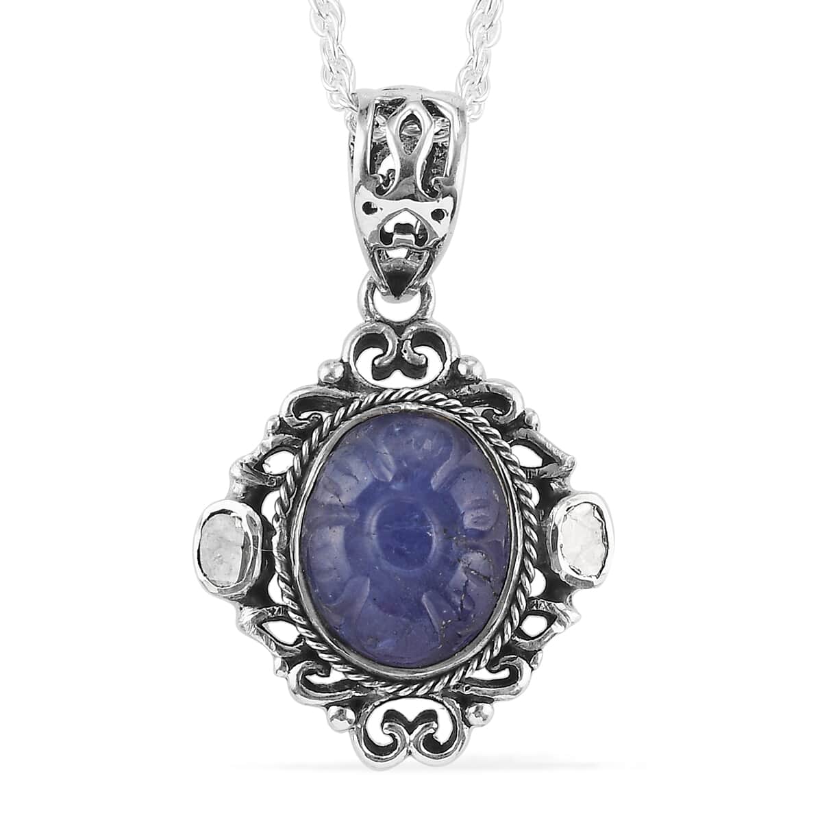 Artisan Crafted Tanzanite Carved and Polki Diamond Pendant Necklace 20 Inches in Sterling Silver 5.10 ctw image number 0