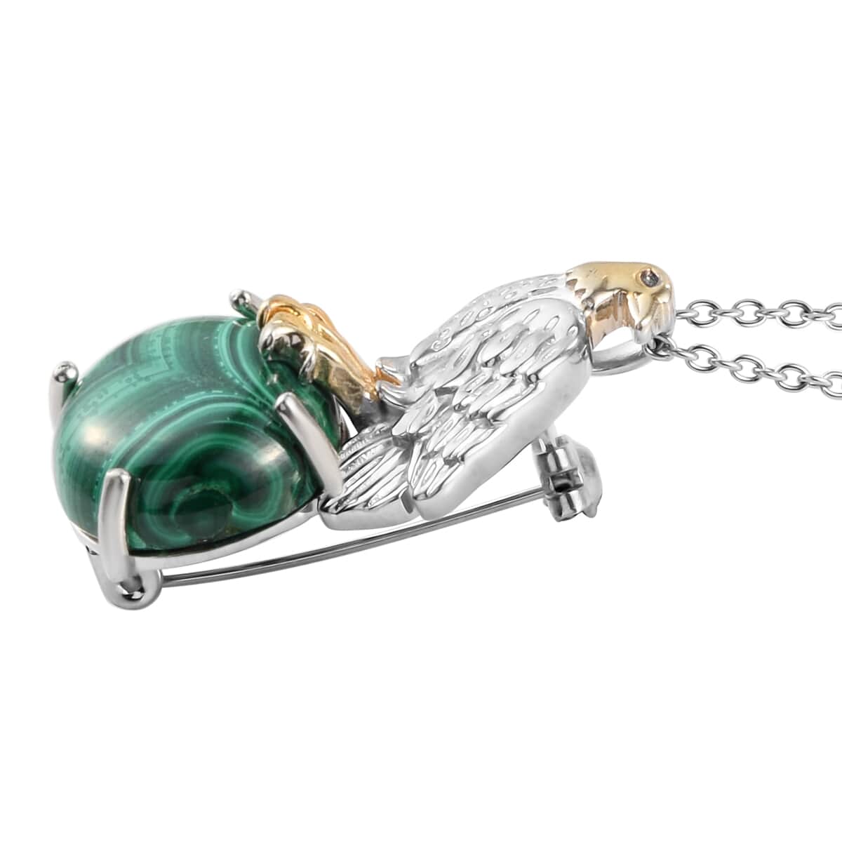 KARIS African Malachite Eagle Brooch or Pendant Necklace (20 Inches) in ION Plated 18K YG and Platinum Bond, Stainless Steel 14.00 ctw image number 3