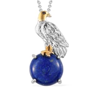 Karis Lapis Lazuli Eagle Brooch or Pendant Necklace 20 Inches in 18K YG Plated and Platinum Bond, Stainless Steel 10.60 ctw
