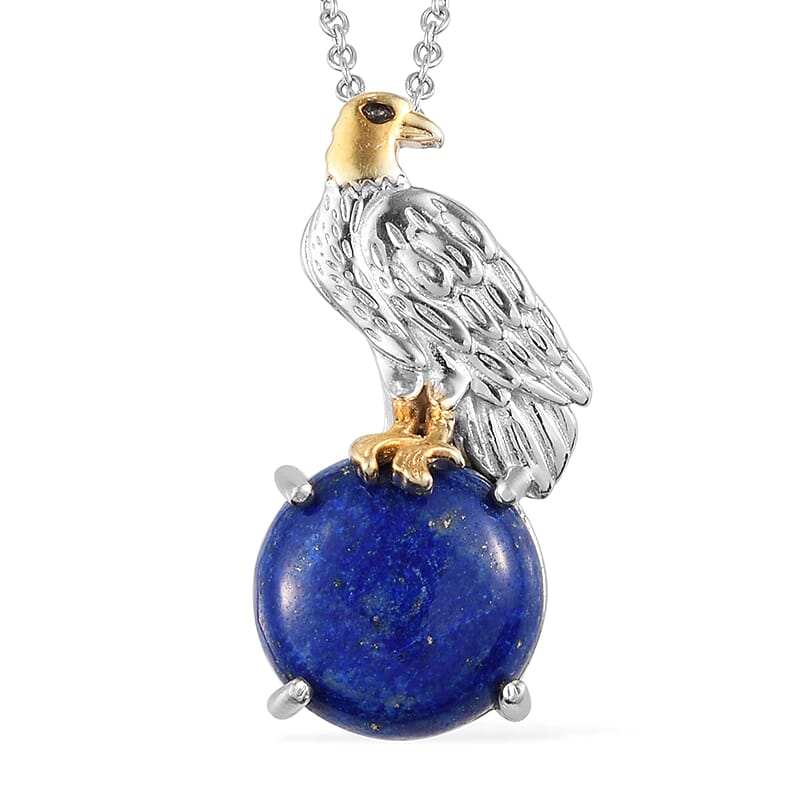 Karis Lapis Lazuli 10.60 ctw Eagle Brooch or Pendant Necklace 20 Inches in 18K YG Plated and Platinum Bond, Stainless Steel