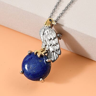 Karis Lapis Lazuli 10.60 ctw Eagle Brooch or Pendant Necklace 20 Inches in 18K YG Plated and Platinum Bond, Stainless Steel
