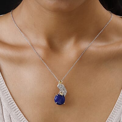 Karis Lapis Lazuli 10.60 ctw Eagle Brooch or Pendant Necklace 20 Inches in 18K YG Plated and Platinum Bond, Stainless Steel
