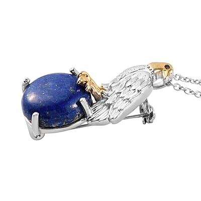 Karis Lapis Lazuli 10.60 ctw Eagle Brooch or Pendant Necklace 20 Inches in 18K YG Plated and Platinum Bond, Stainless Steel