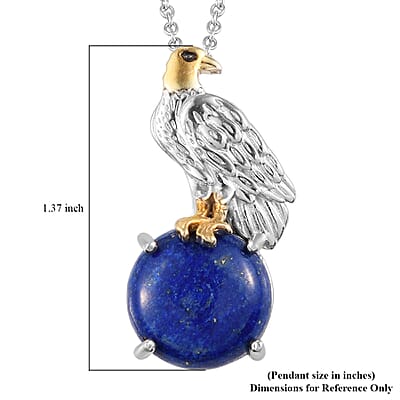 Karis Lapis Lazuli 10.60 ctw Eagle Brooch or Pendant Necklace 20 Inches in 18K YG Plated and Platinum Bond, Stainless Steel