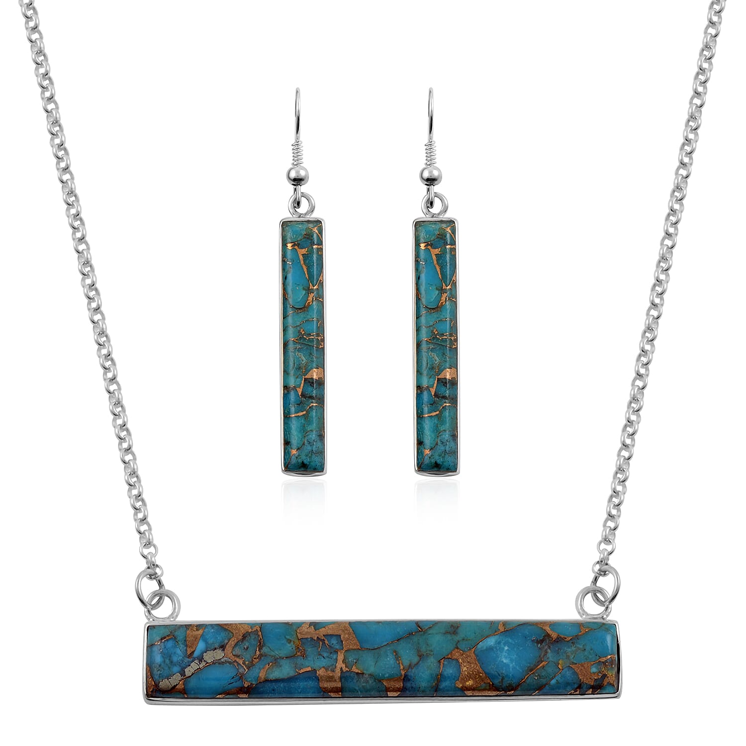 Santa Fe Style Mojave Blue Turquoise Dangle Earrings and Bar Necklace 16 Inches in Sterling Silver 56.90 Grams 5.50 ctw