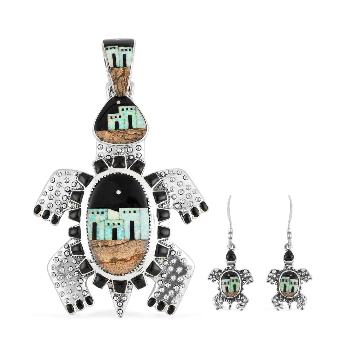 ONE OF A KIND SANTA FE Style Black Onyx and Multi Gemstone Turtle Dangle Earrings and Pendant in Sterling Silver 92.80 Grams (Made in USA) 6.80 ctw image number 0