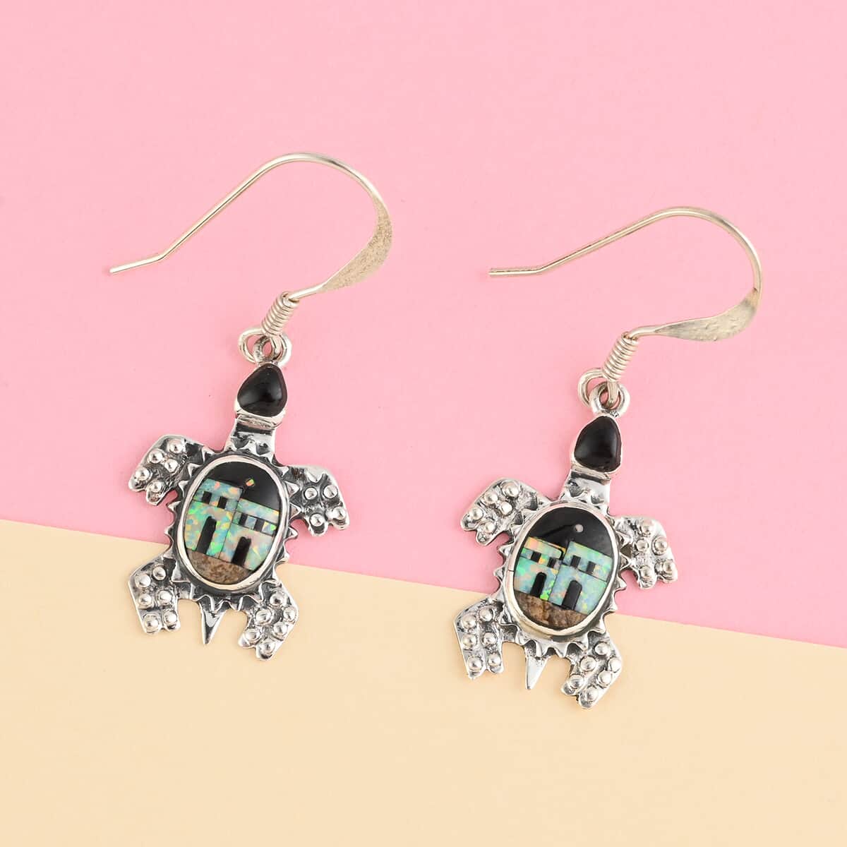 ONE OF A KIND SANTA FE Style Black Onyx and Multi Gemstone Turtle Dangle Earrings and Pendant in Sterling Silver 92.80 Grams (Made in USA) 6.80 ctw image number 2