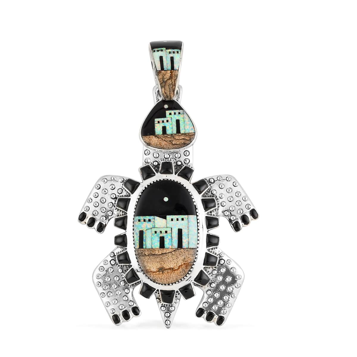 ONE OF A KIND SANTA FE Style Black Onyx and Multi Gemstone Turtle Dangle Earrings and Pendant in Sterling Silver 92.80 Grams (Made in USA) 6.80 ctw image number 3
