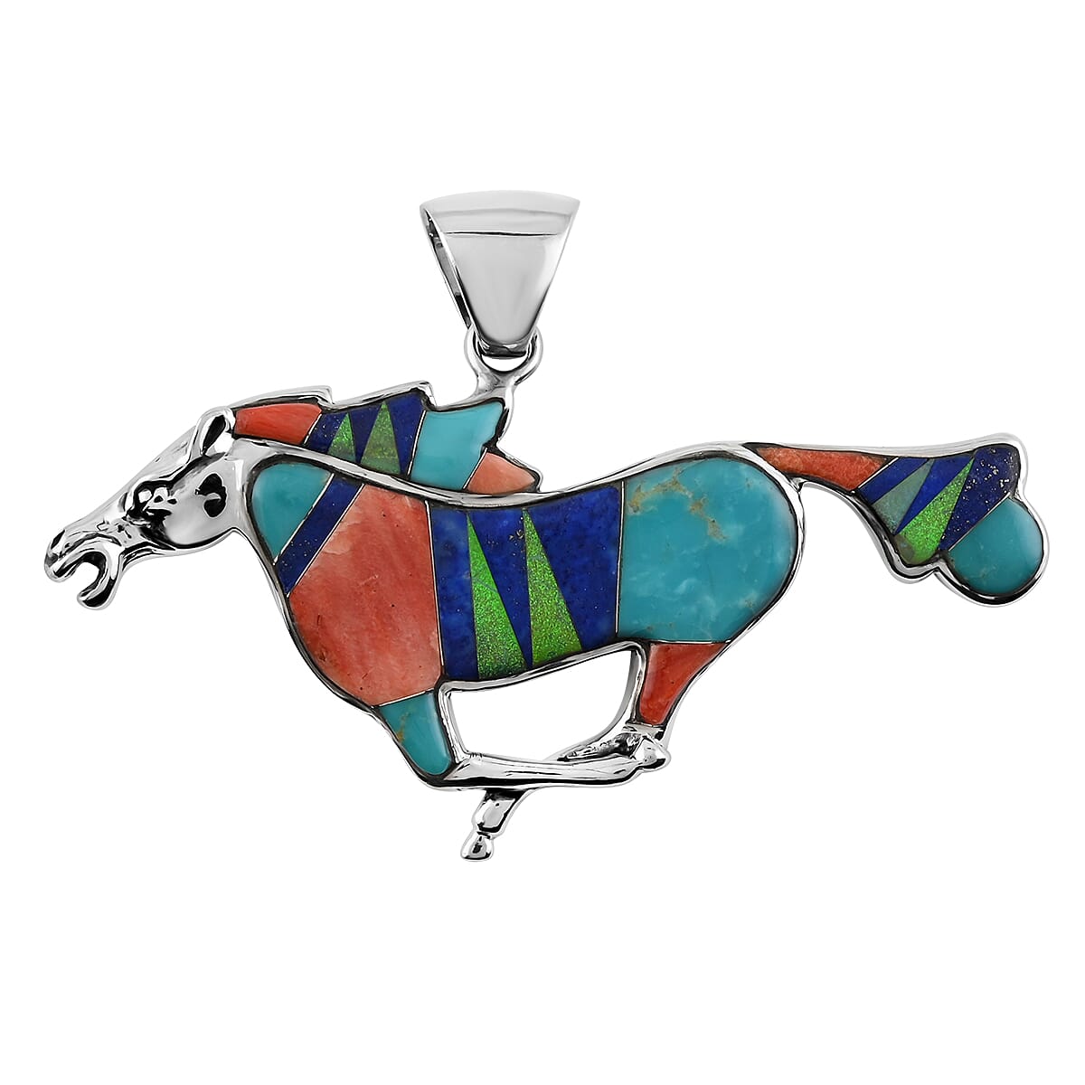 Santa Fe Style Multi Color Spiny Oyster Shell and Multi Gemstone Running Horse Pendant and Dangle Earrings in Sterling Silver 17.90 Grams 3.00 ctw image number 1