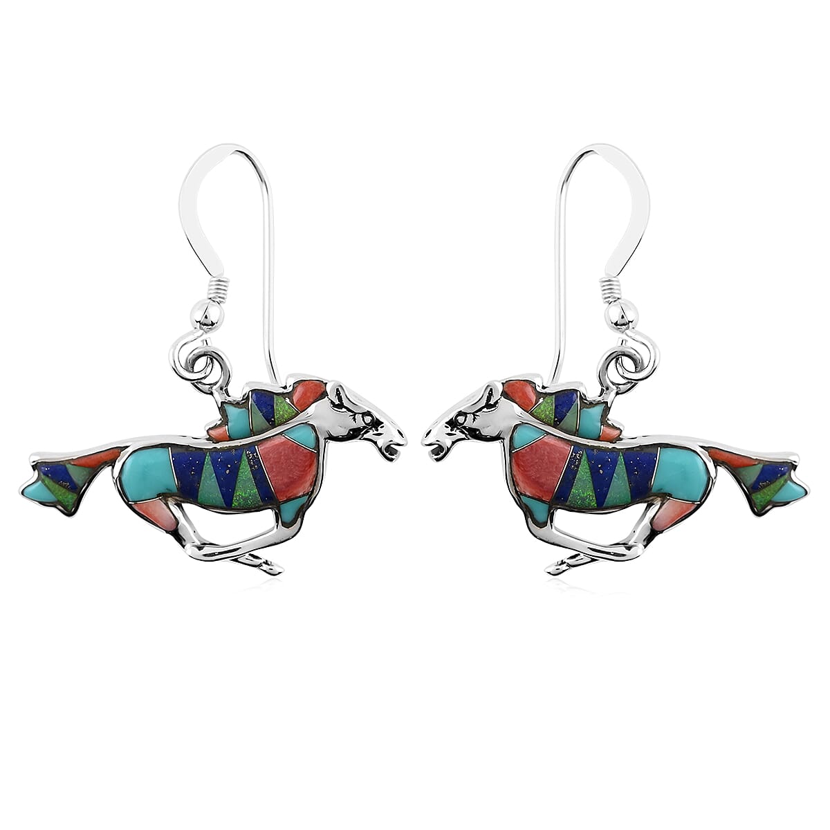 Santa Fe Style Multi Color Spiny Oyster Shell and Multi Gemstone Running Horse Pendant and Dangle Earrings in Sterling Silver 17.90 Grams 3.00 ctw image number 3