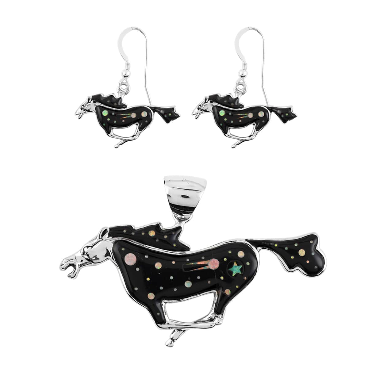 Santa Fe Style Black Onyx and Lab Created Opal Running Horse Pendant and Dangle Earrings in Sterling Silver 3.10 ctw image number 0