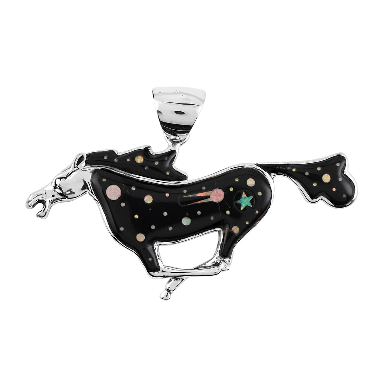 Santa Fe Style Black Onyx and Lab Created Opal Running Horse Pendant and Dangle Earrings in Sterling Silver 3.10 ctw image number 1