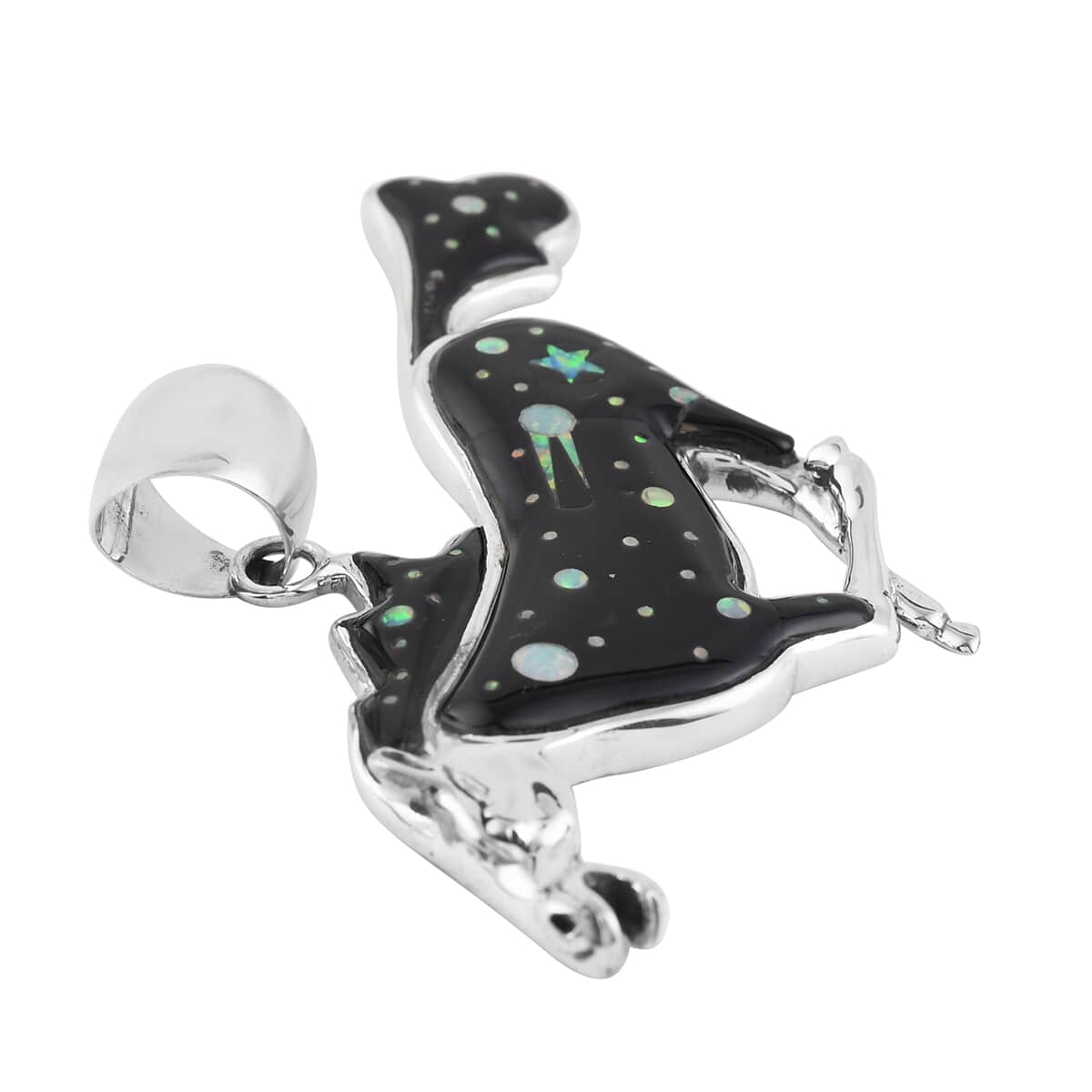 Santa Fe Style Black Onyx and Lab Created Opal Running Horse Pendant and Dangle Earrings in Sterling Silver 3.10 ctw image number 2