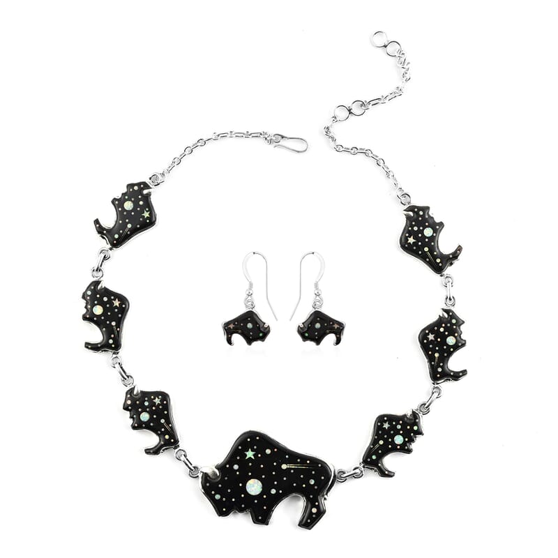 Santa Fe Style Black Onyx, Lab Created Opal Buffalo Dangle Earrings and Necklace 20-22 Inches in Sterling Silver 83.60 Grams 3.50 ctw