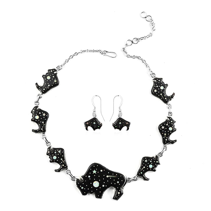 Santa Fe Style Black Onyx, Lab Created Opal Buffalo Dangle Earrings and Necklace 20-22 Inches in Sterling Silver 83.60 Grams 3.50 ctw