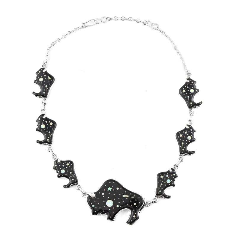 Santa Fe Style Black Onyx, Lab Created Opal Buffalo Dangle Earrings and Necklace 20-22 Inches in Sterling Silver 83.60 Grams 3.50 ctw