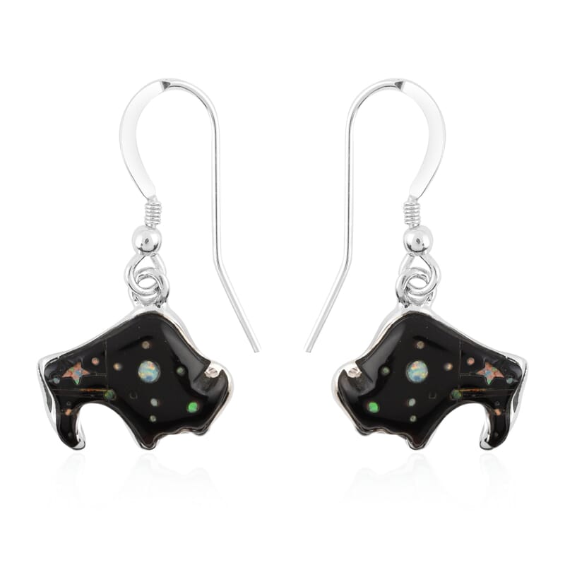 Santa Fe Style Black Onyx, Lab Created Opal Buffalo Dangle Earrings and Necklace 20-22 Inches in Sterling Silver 83.60 Grams 3.50 ctw