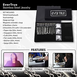 EverTrue 15 Pieces Jewelry Set, Set of Necklace, Bracelet, Earrings, and Extender, 18K White Gold Plated Stainless Steel Jewelry Set, Free Velvet Travel Organizer pouch