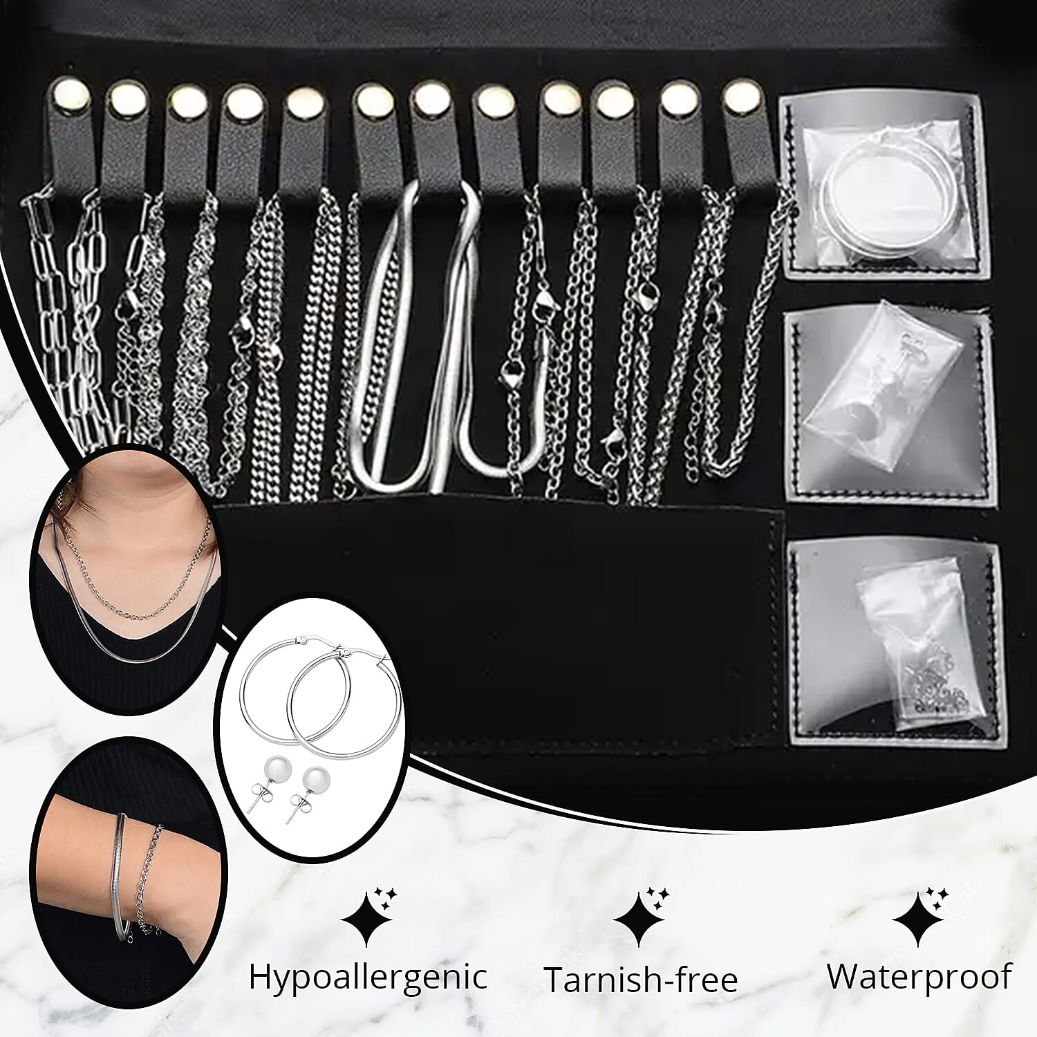 EverTrue 15 Pieces Jewelry Set, Set of Necklace, Bracelet, Earrings, and Extender, 18K White Gold Plated Stainless Steel Jewelry Set, Free Velvet Travel Organizer pouch