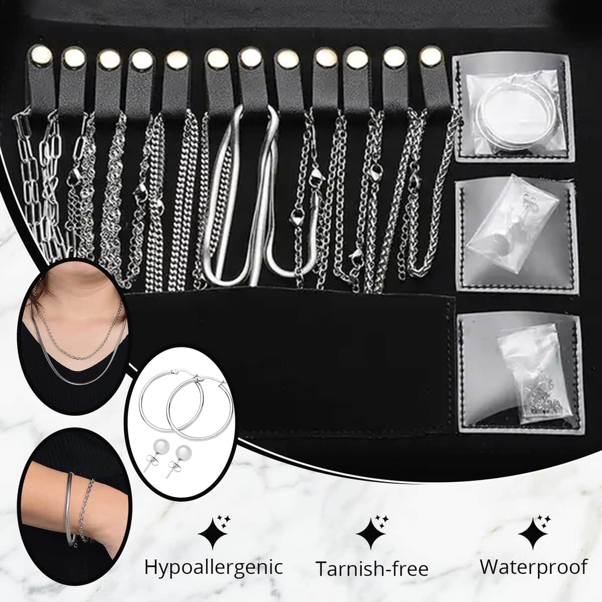 EVER TRUE 18Kt White Gold Plated 15 Piece Necklace, Bracelet, Earrings and Extender Set in Stainless Steel with Velvet Travel Organizer image number 4