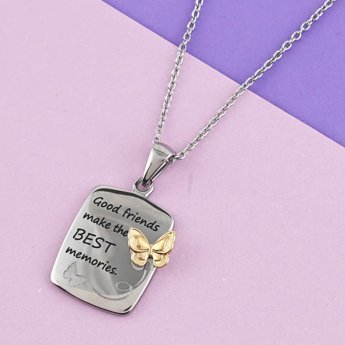 HALLMARK Friends Pendant with Butterfly Pendant Necklace 18 Inches in ION Plated YG and Stainless Steel image number 1