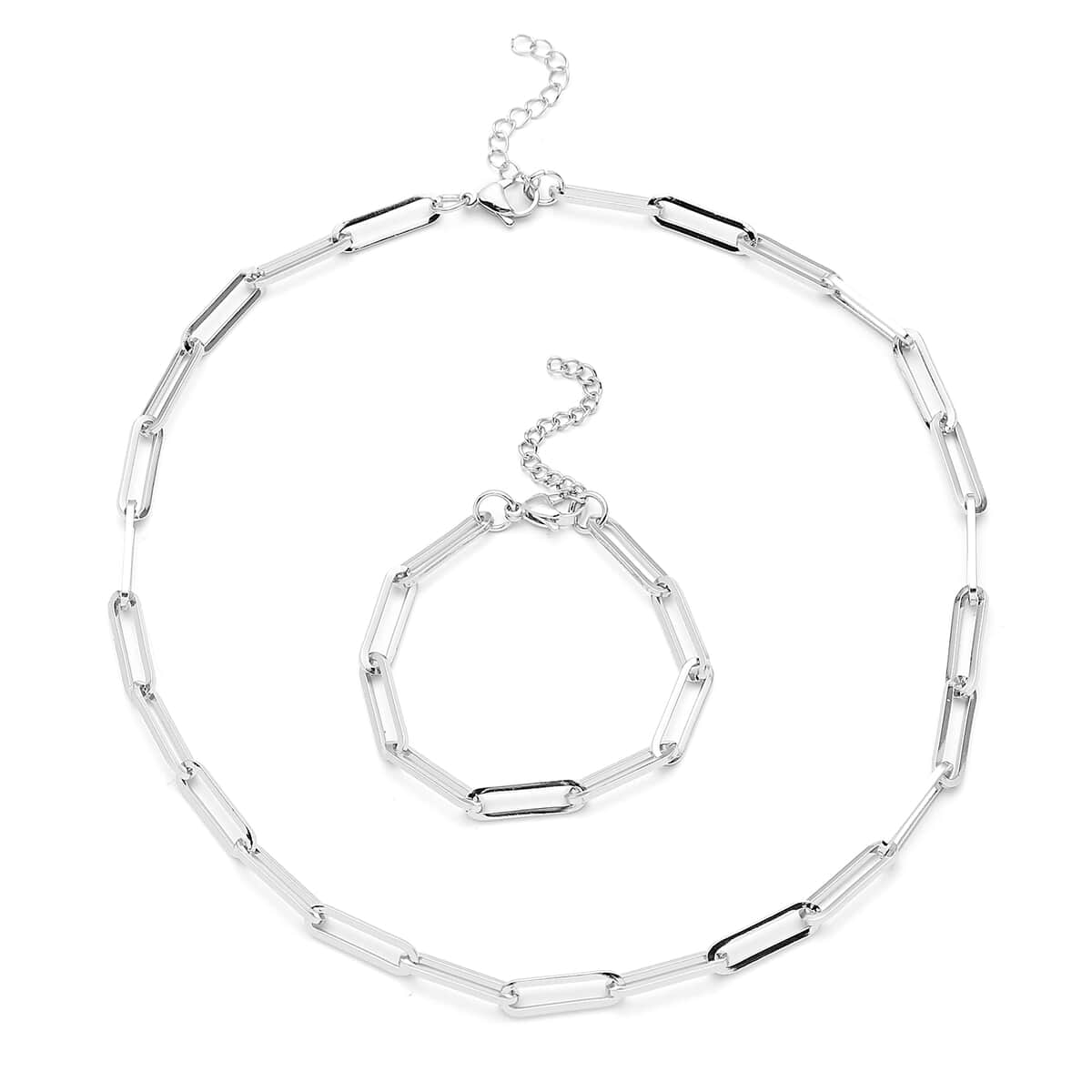 Paperclip Necklace 20-22 Inches and Bracelet (7.50-9.50In) in Stainless Steel image number 0