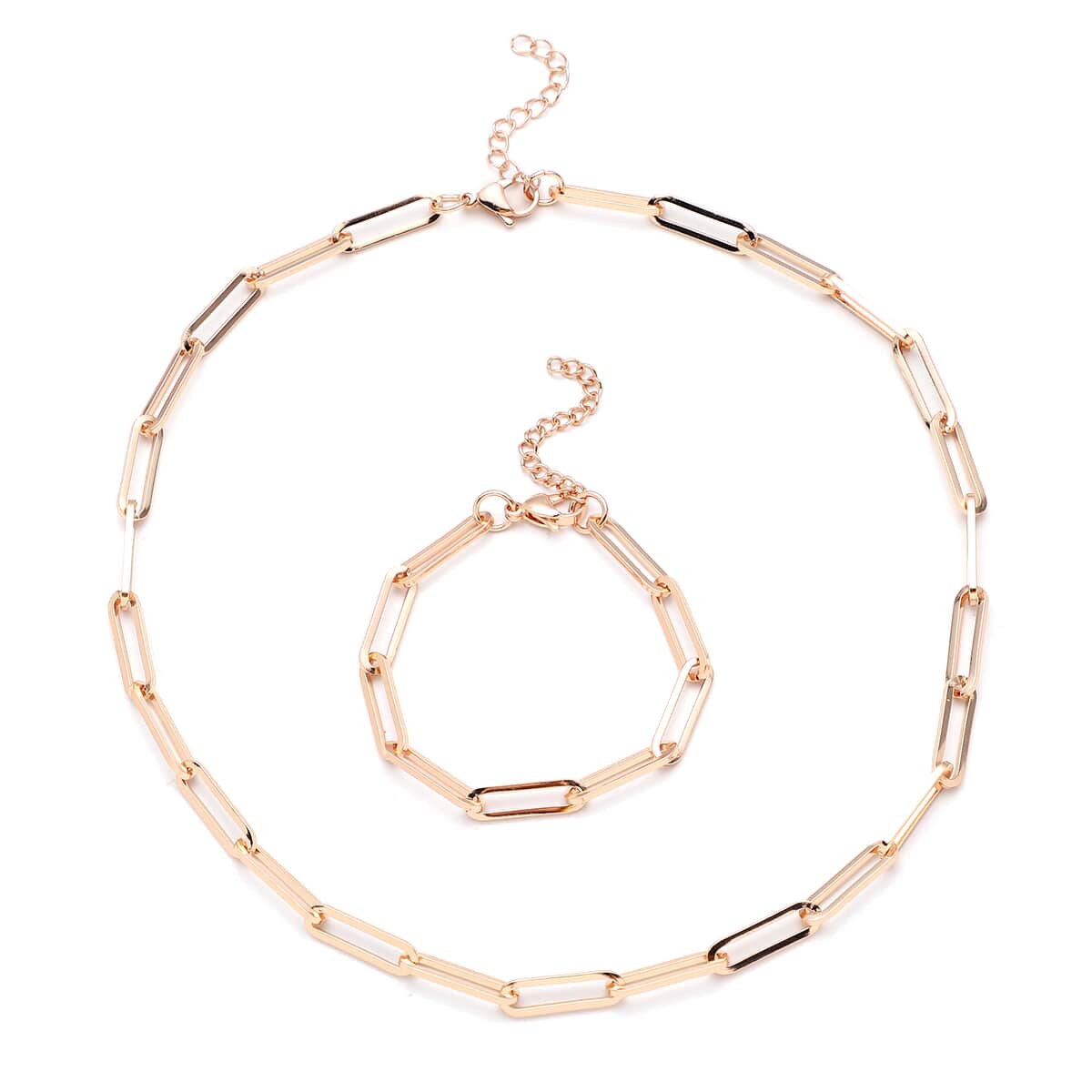 Paperclip Necklace 20-22 Inches and Bracelet (7.50-9.50In) in ION Plated RG Stainless Steel image number 0