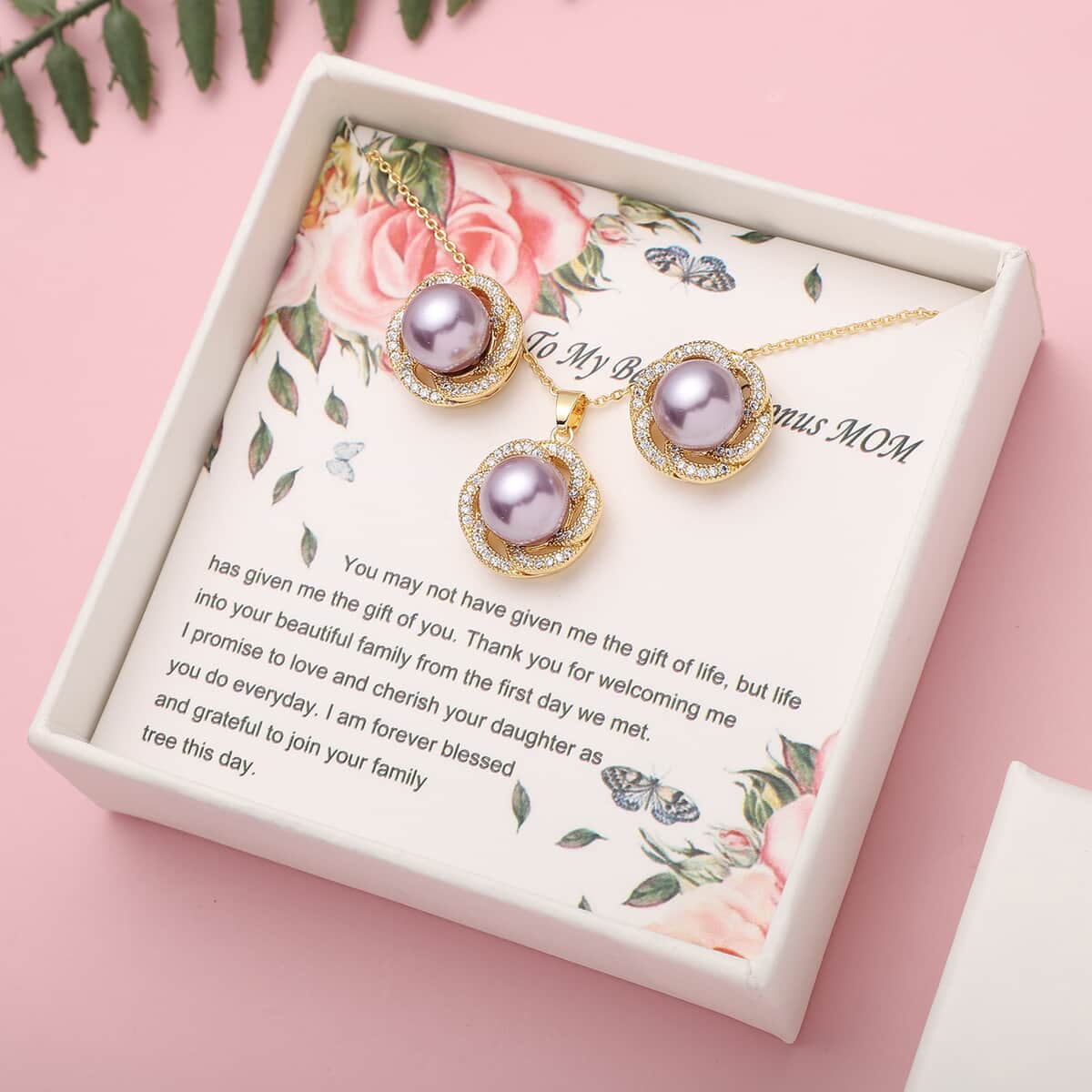 To My Beautiful Bonus Mom Jewelry Gift Set with Purple Shell Pearl, Simulated Diamond Floral Earrings and Pendant Necklace 18In in Goldtone 0.50 ctw image number 0