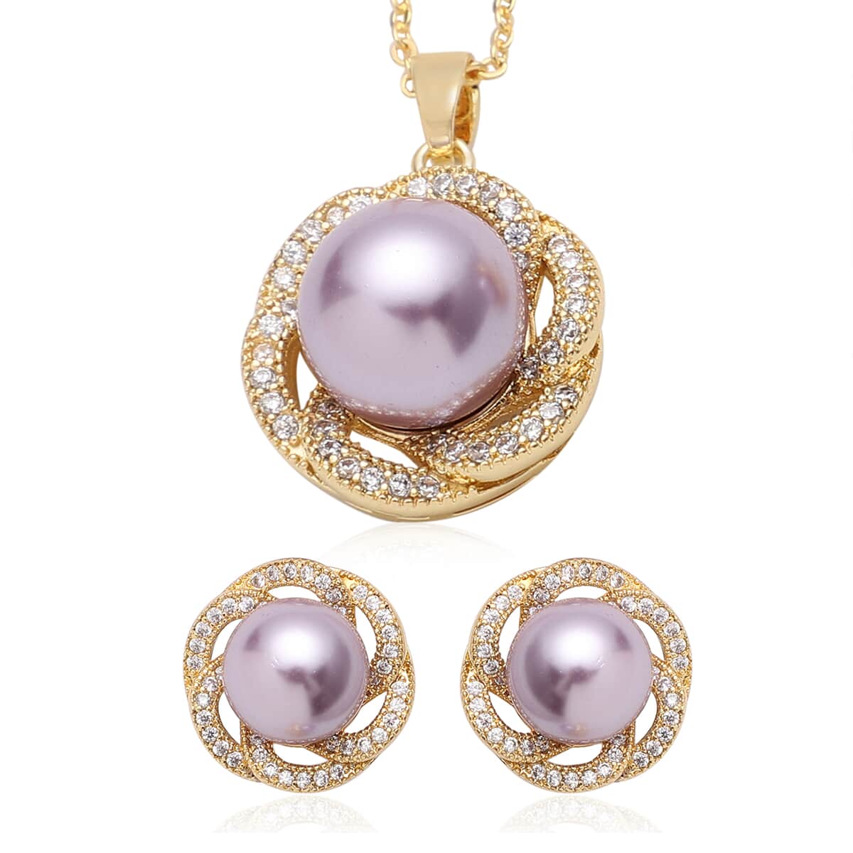 To My Beautiful Bonus Mom Jewelry Gift Set with Purple Shell Pearl, Simulated Diamond Floral Earrings and Pendant Necklace 18In in Goldtone 0.50 ctw image number 1