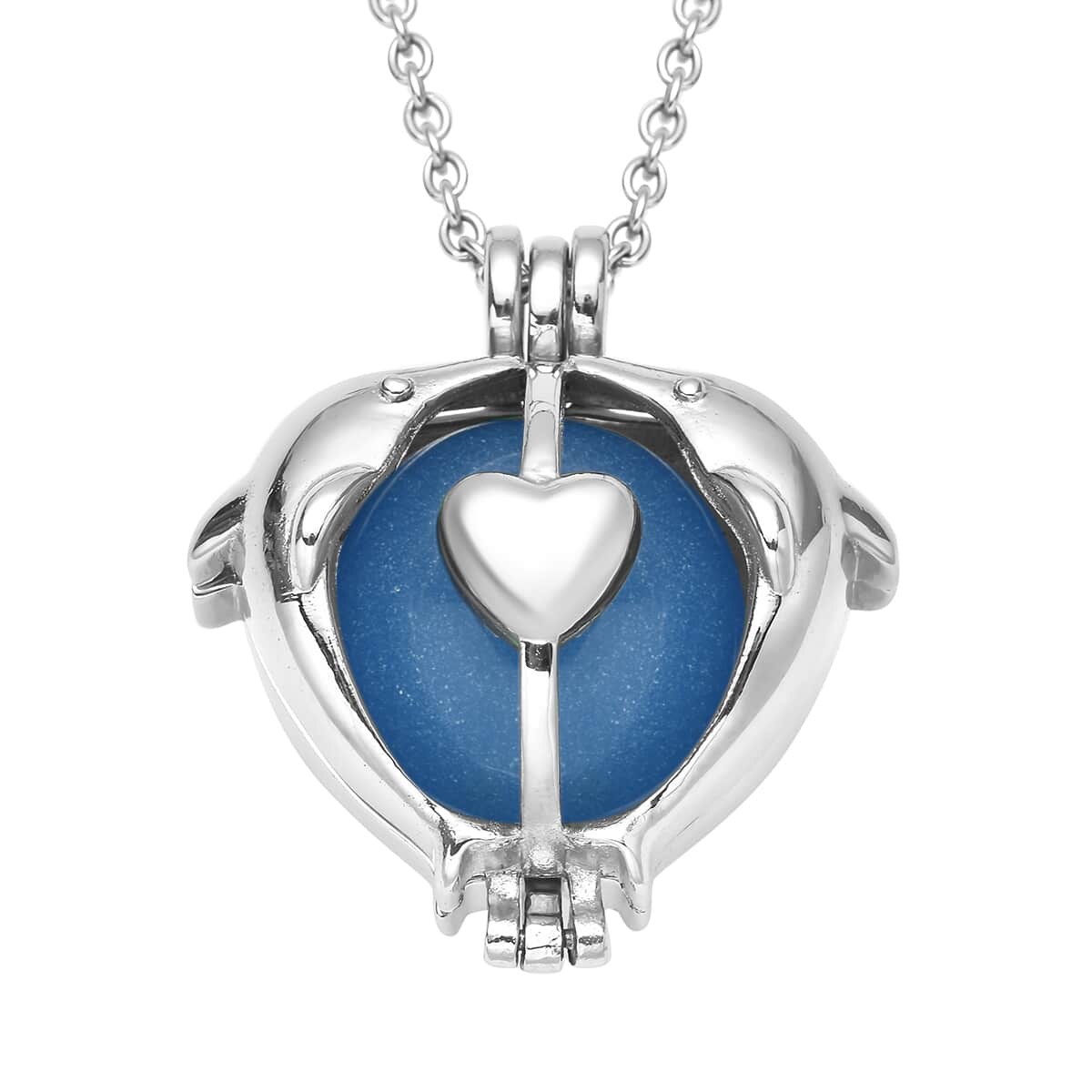 Blue Dolphin Kissing Couple Design Night Glow Pendant Necklace (20 Inches) in Stainless Steel 31.00 ctw image number 0