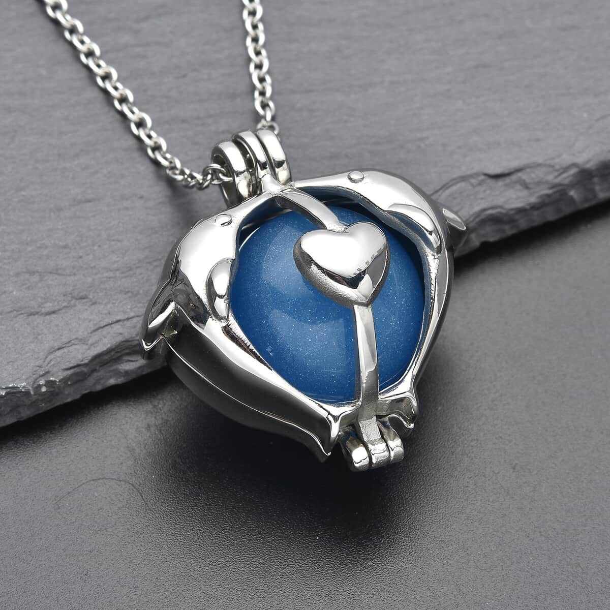 Blue Dolphin Kissing Couple Design Night Glow Pendant Necklace (20 Inches) in Stainless Steel 31.00 ctw image number 1