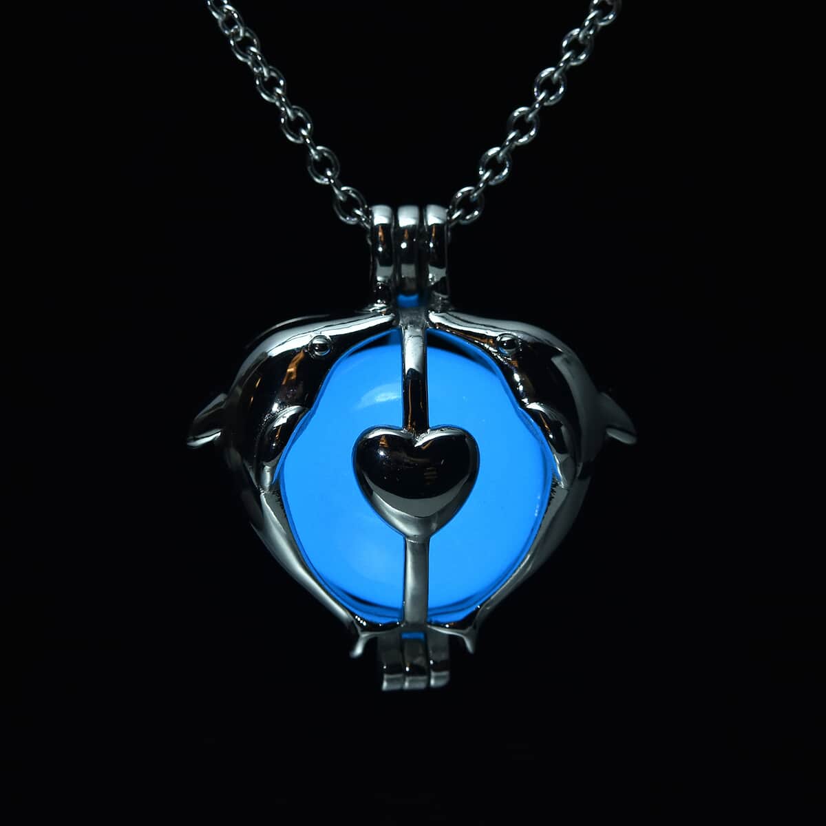 Blue Dolphin Kissing Couple Design Night Glow Pendant Necklace (20 Inches) in Stainless Steel 31.00 ctw image number 2