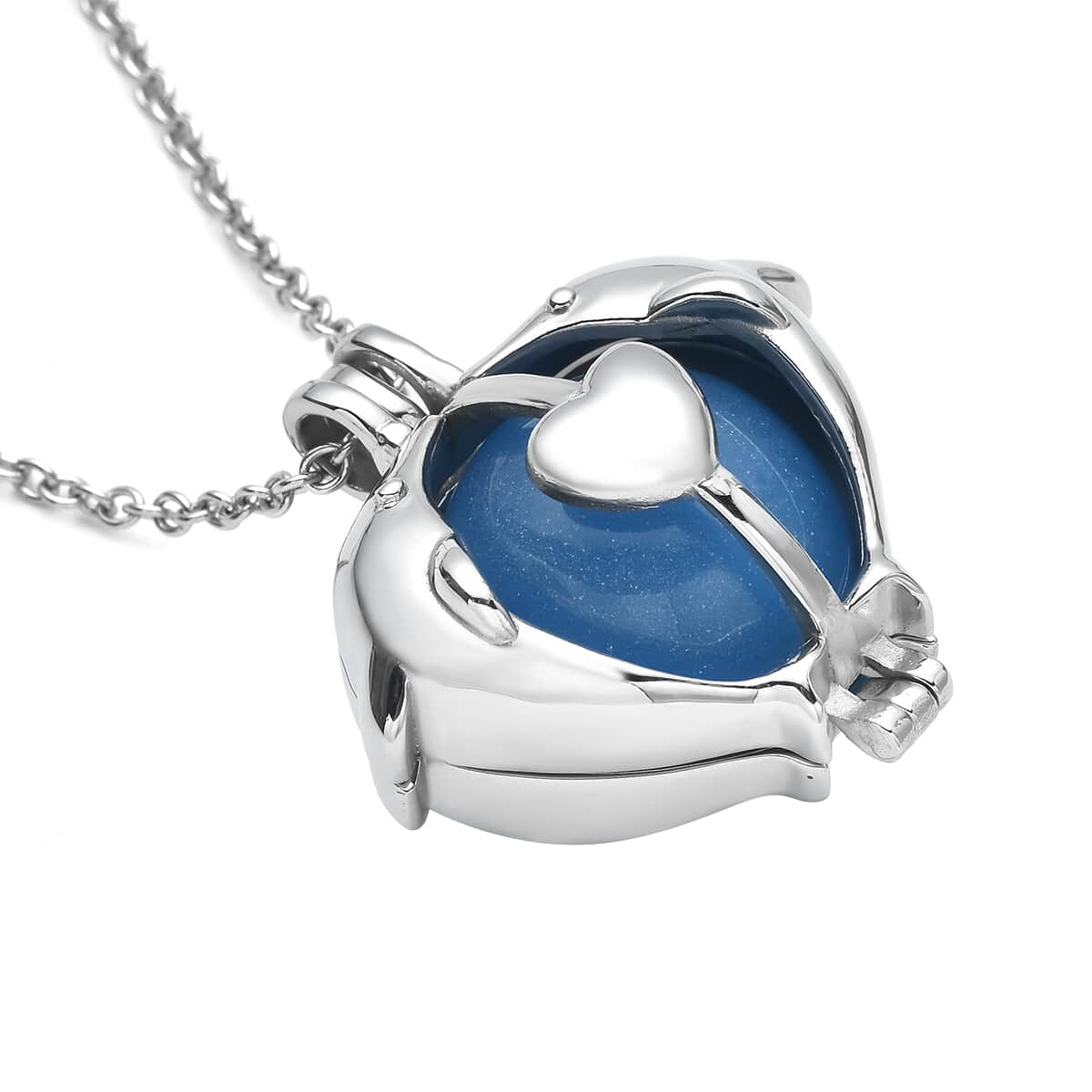 Blue Dolphin Kissing Couple Design Night Glow Pendant Necklace (20 Inches) in Stainless Steel 31.00 ctw image number 4