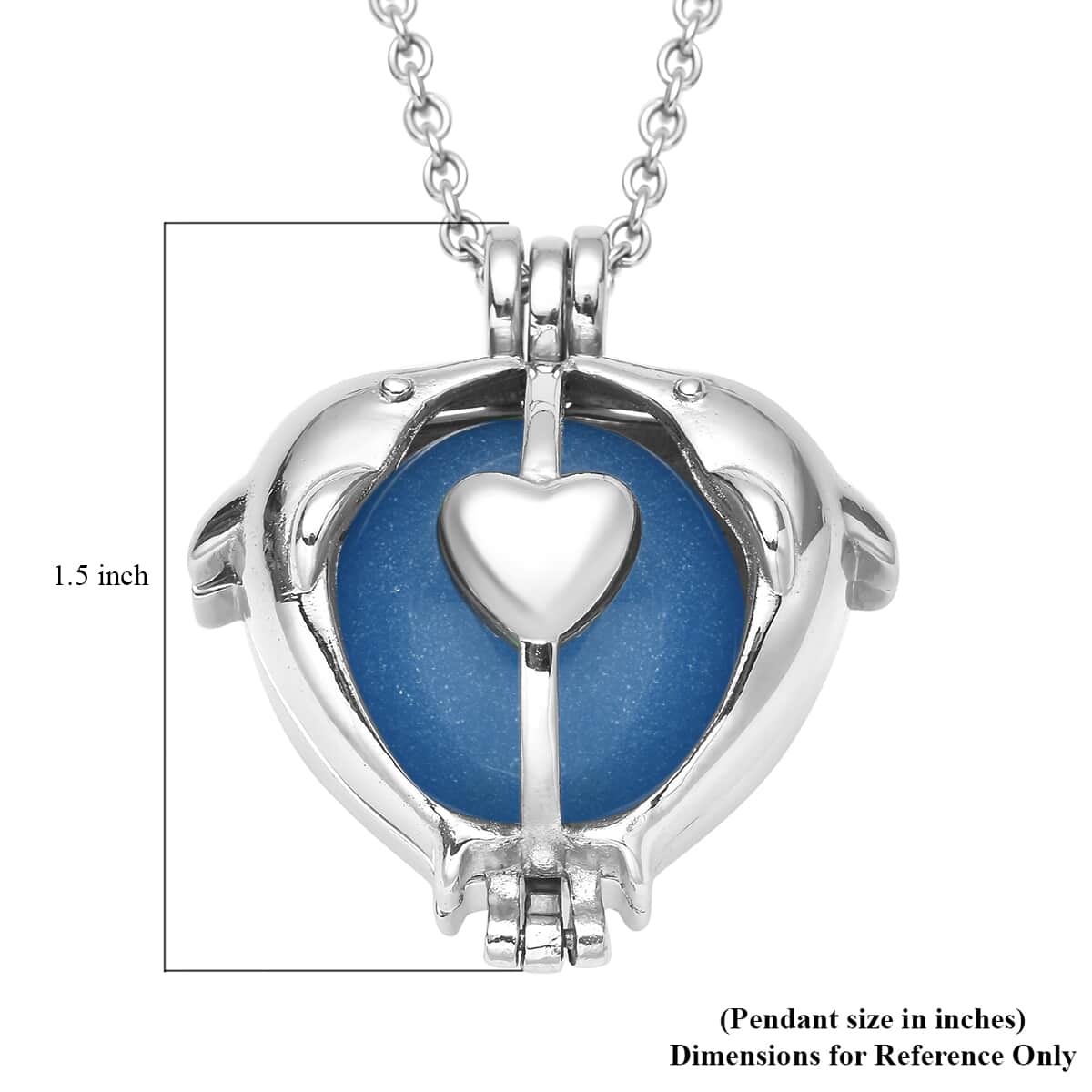 Blue Dolphin Kissing Couple Design Night Glow Pendant Necklace (20 Inches) in Stainless Steel 31.00 ctw image number 6