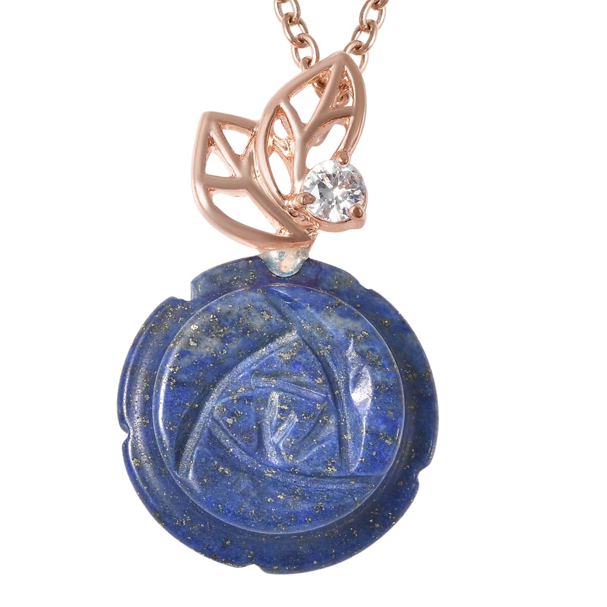 Lapis Lazuli Carved, Simulated Diamond Rose Shape Pendant Necklace (18 Inches) in Rosetone 20.50 ctw image number 0