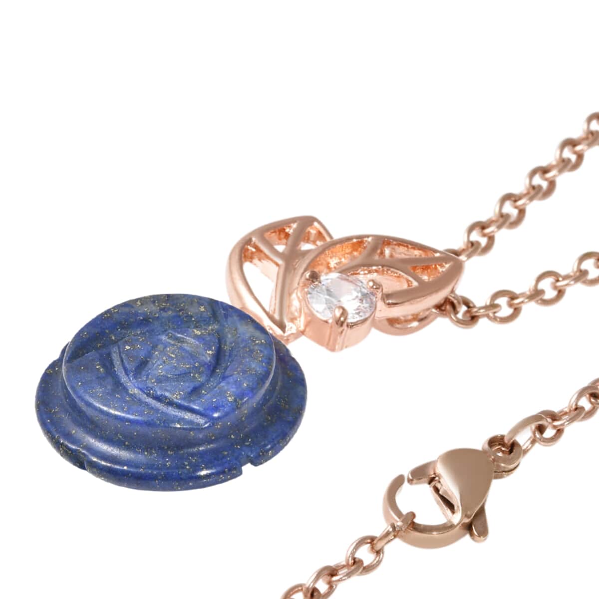 Lapis Lazuli Carved, Simulated Diamond Rose Shape Pendant Necklace (18 Inches) in Rosetone 20.50 ctw image number 2