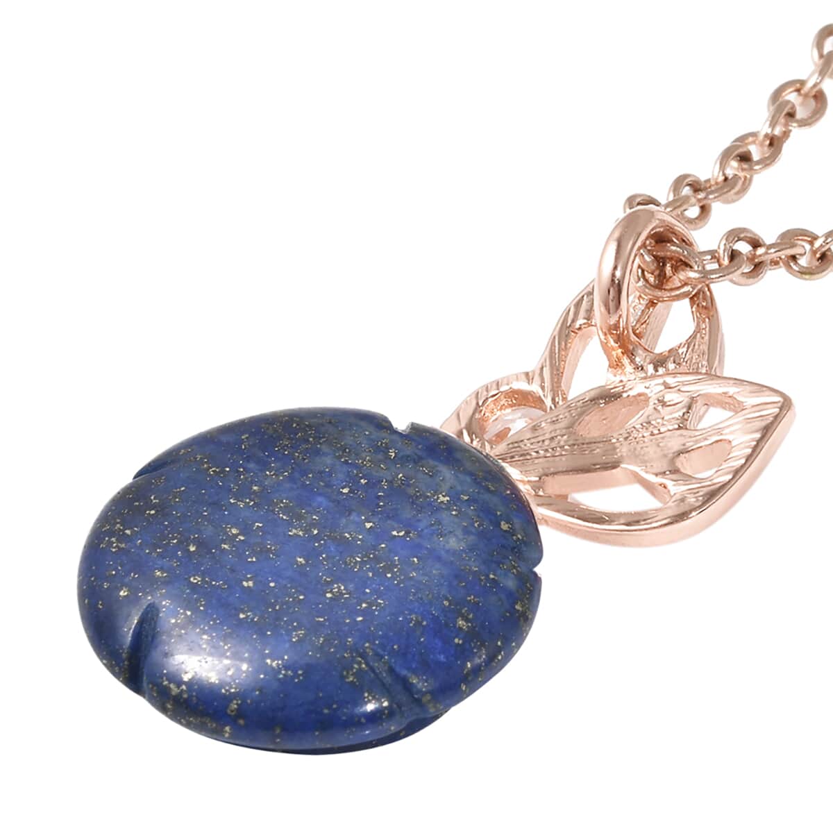 Lapis Lazuli Carved, Simulated Diamond Rose Shape Pendant Necklace (18 Inches) in Rosetone 20.50 ctw image number 3