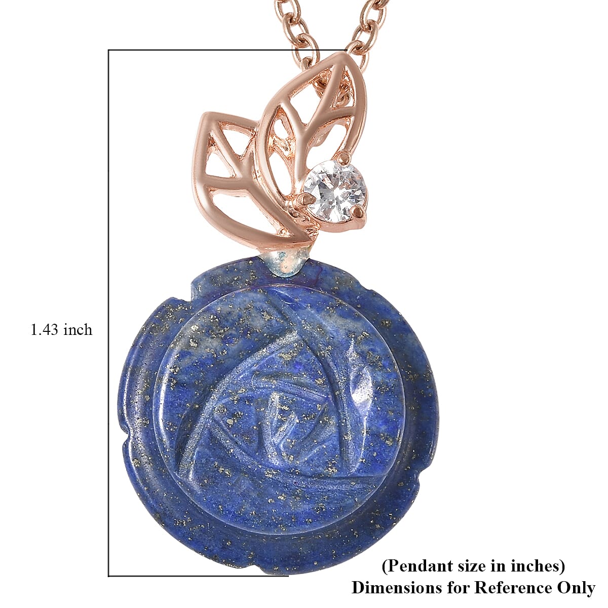 Lapis Lazuli Carved and Simulated Diamond Rose Shape Pendant Necklace 18 Inches in Rosetone 20.50 ctw
